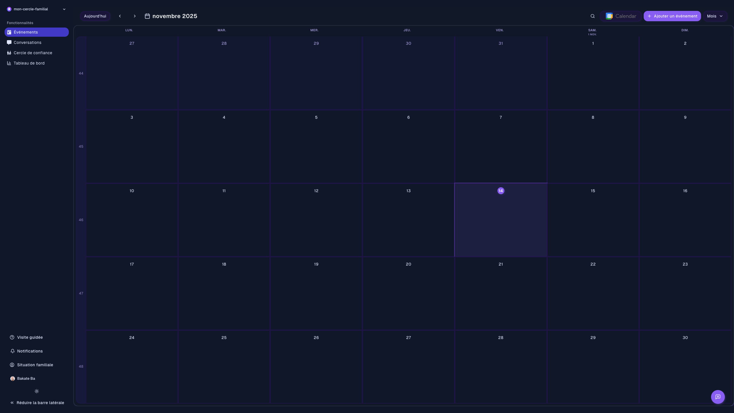 Calendrier des événements partagés