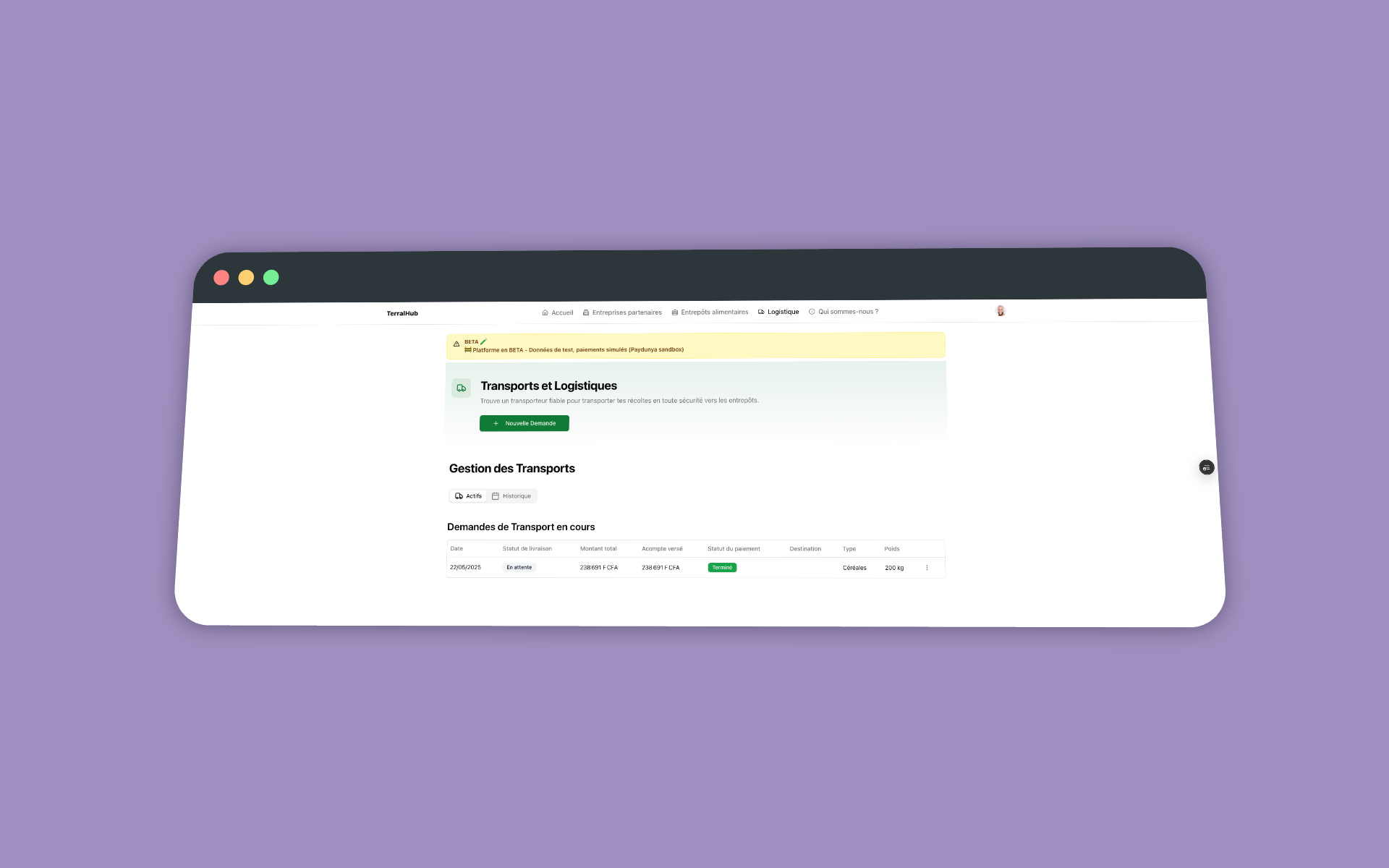 Interface de logistique de TerralHub