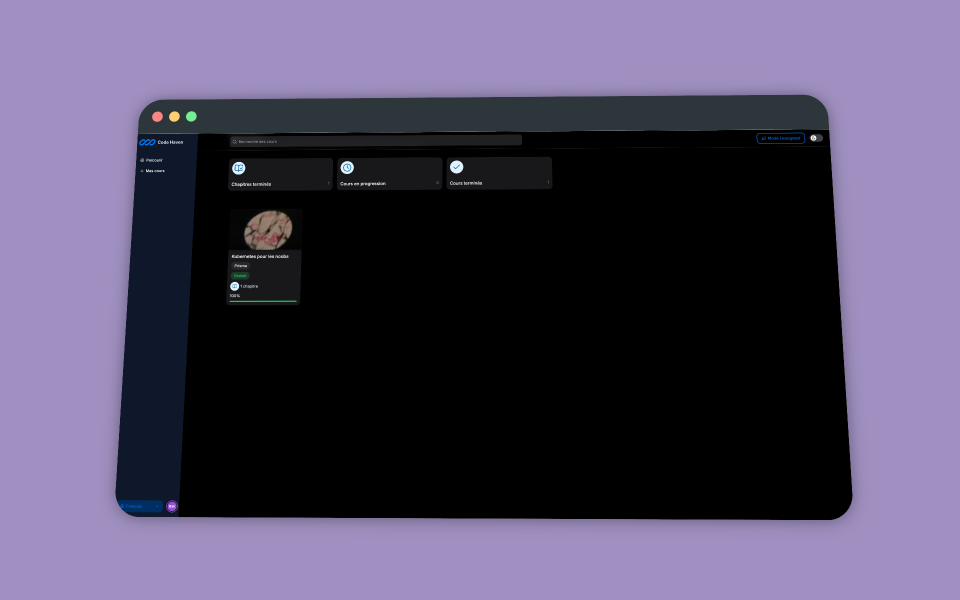 Texte alternatif pour le tableau de bord étudiant de CodeHaven