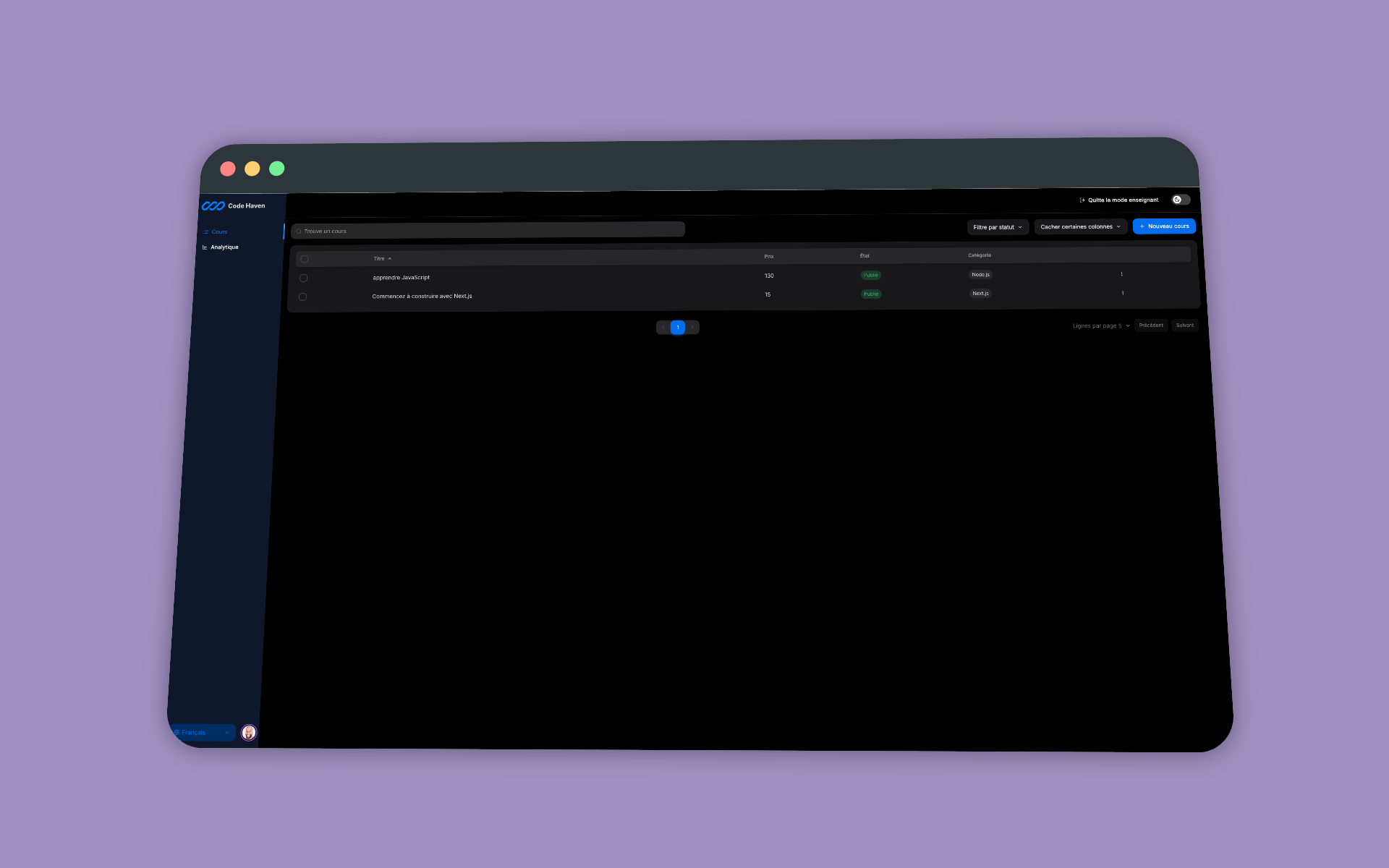 Texte alternatif pour le tableau de bord enseignant de CodeHaven