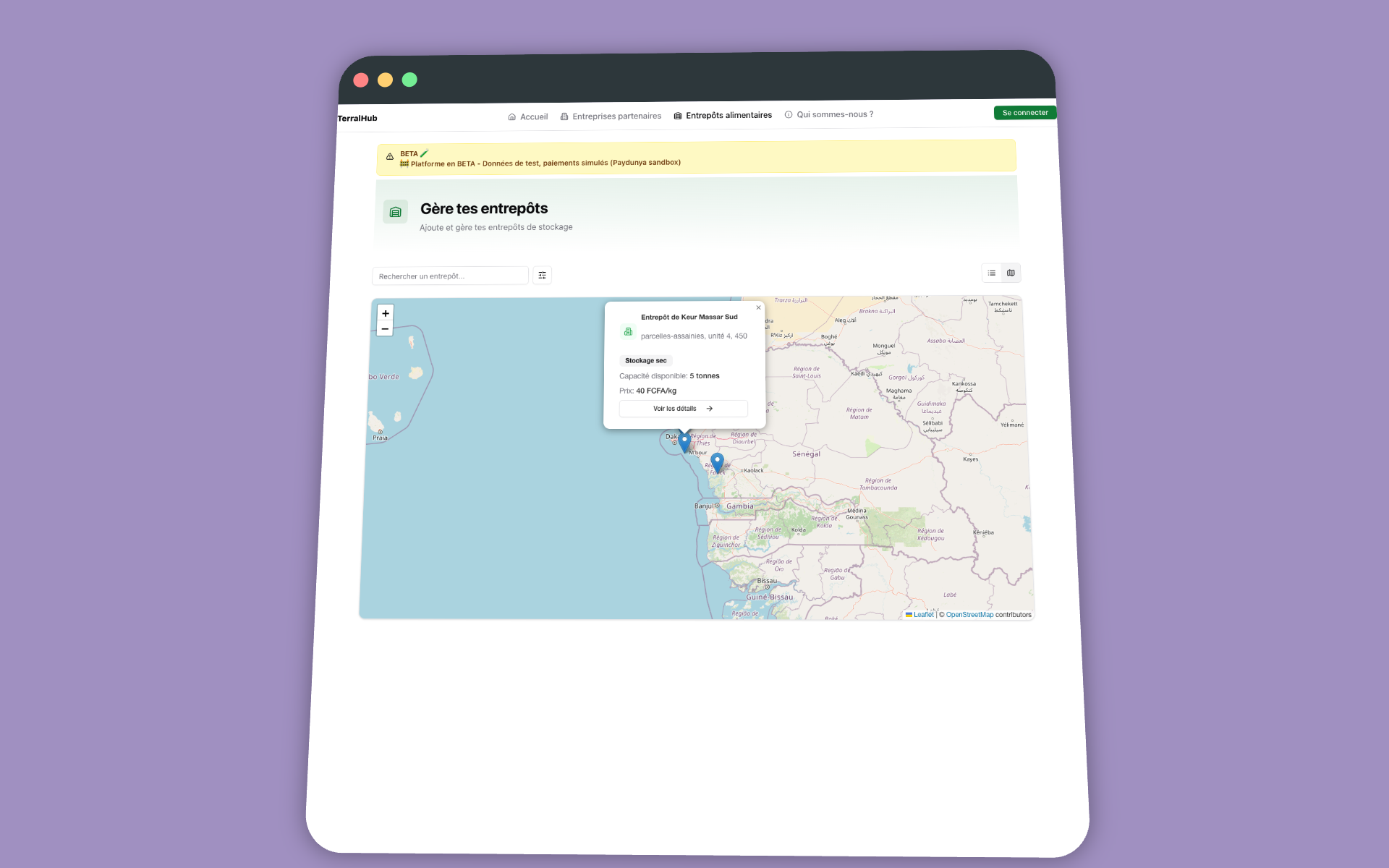 Carte des entrepôts sur TerralHub