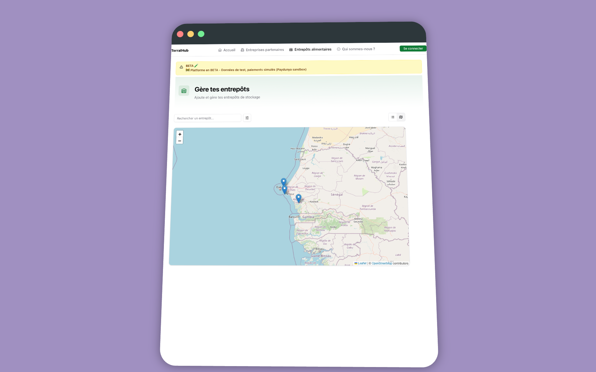 Liste des entrepôts disponibles sur TerralHub